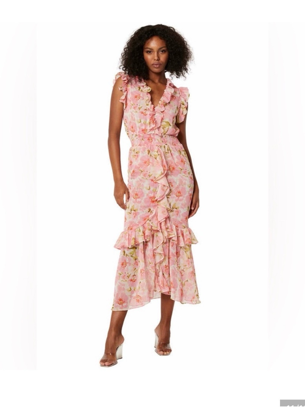 Misa Los Angeles Pink Floral Ruffled Midi Dress